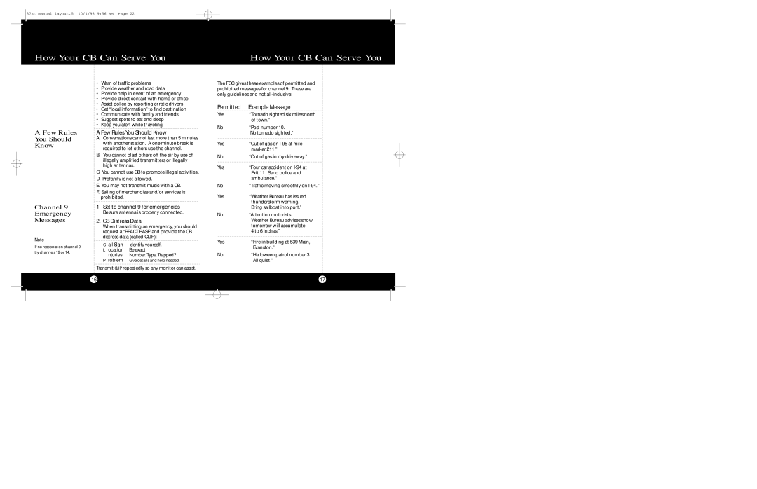 Cobra Electronics 37 ST How Your CB Can Serve You, Few Rules You Should Know, Channel Emergency Messages 