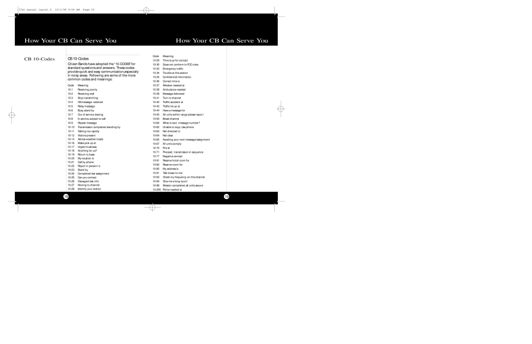 Cobra Electronics 37 ST CB 10-Codes, Common codes and meanings, Standard questions and answers. These codes 