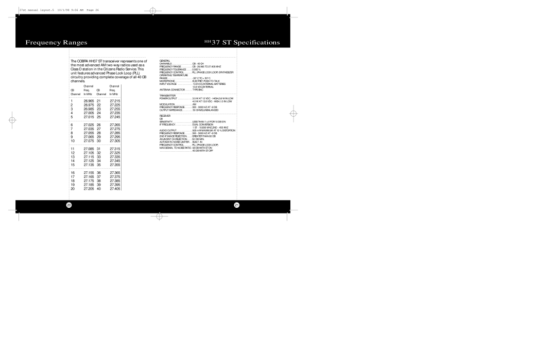 Cobra Electronics operating instructions Frequency Ranges, HH 37 ST Specifications, MHz 