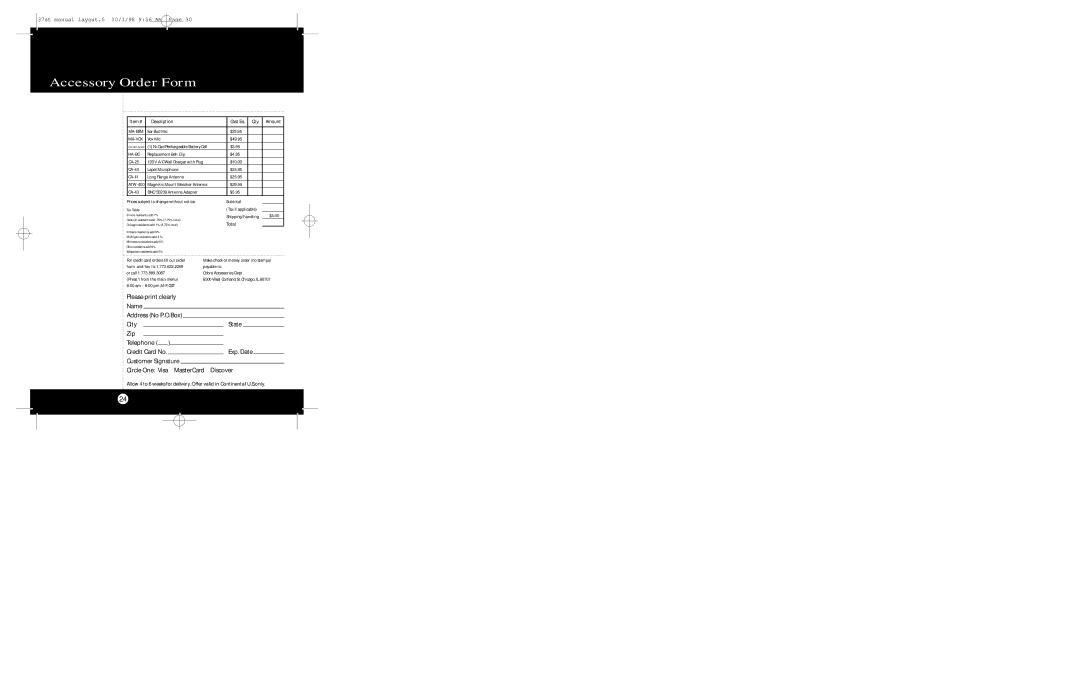 Cobra Electronics 37 ST operating instructions Accessory Order Form, Exp. Date Customer Signature, MasterCard Discover 