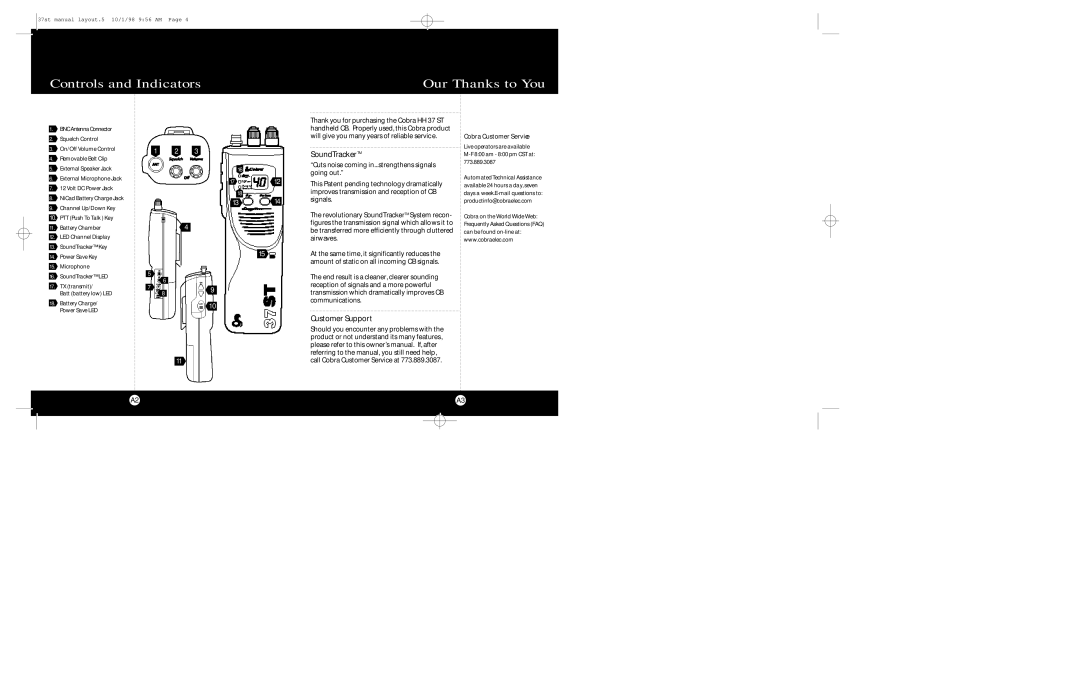 Cobra Electronics 37 ST operating instructions Controls and Indicators Our Thanks to You, SoundTrackerTM, Customer Support 