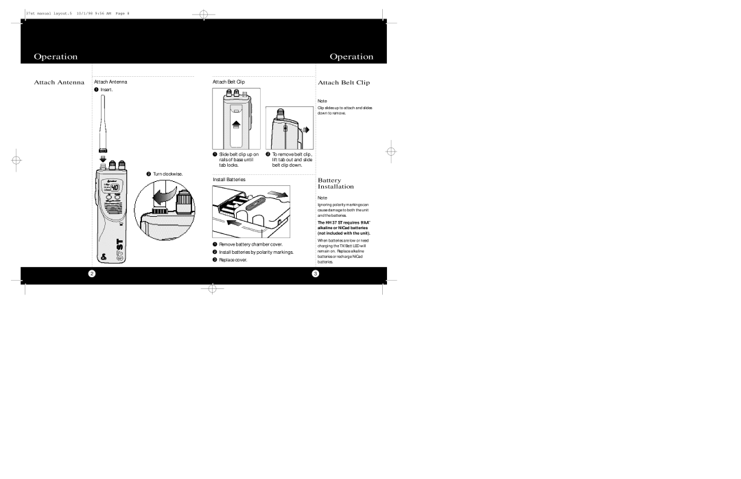 Cobra Electronics 37 ST Operation, Attach Antenna Attach Antenna, Attach Belt Clip, Battery Installation 