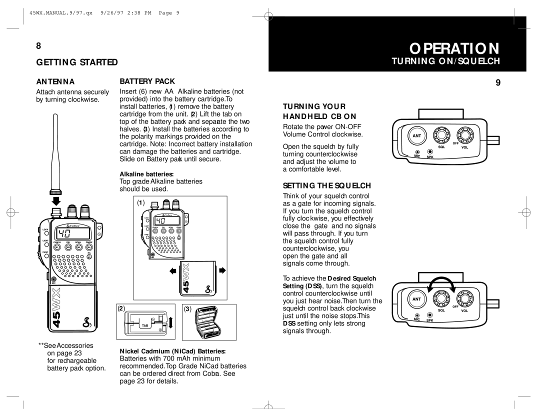 Cobra Electronics 45WX Turning ON/SQUELCH, Antenna, Battery Pack, Turning Your Handheld CB on, Setting the Squelch 