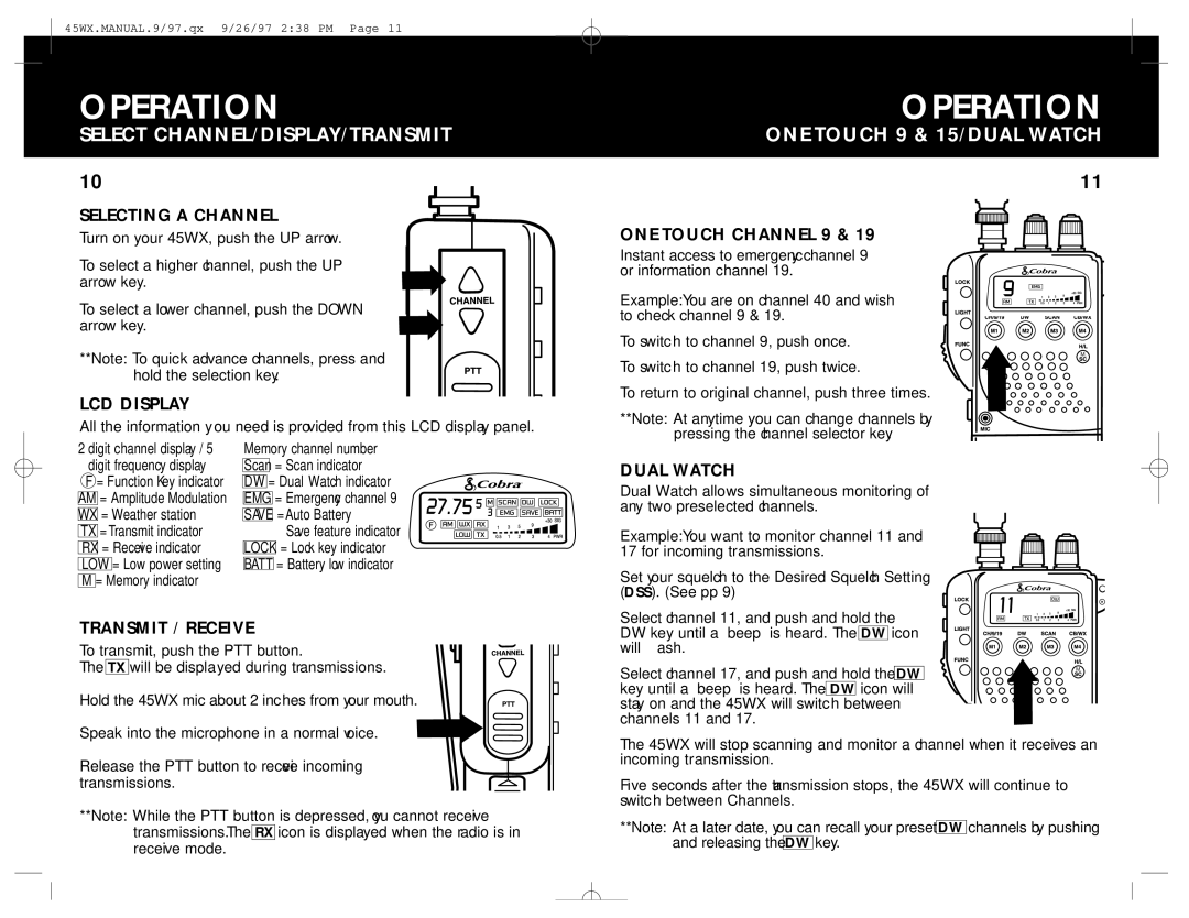 Cobra Electronics 45WX operating instructions Select CHANNEL/DISPLAY/TRANSMIT, ONE Touch 9 & 15/DUAL Watch 