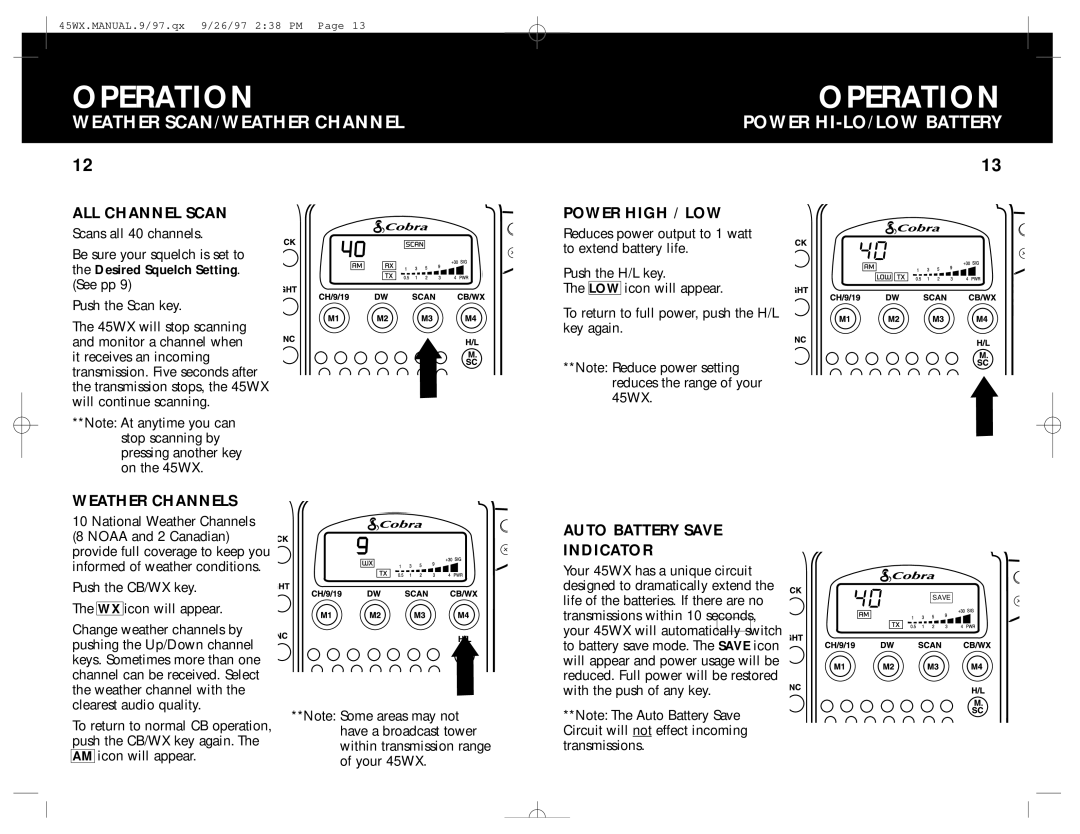 Cobra Electronics 45WX operating instructions Weather SCAN/WEATHER Channel, Power HI-LO/LOW Battery 