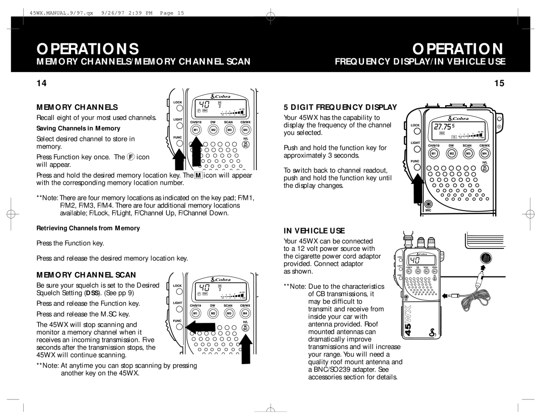 Cobra Electronics 45WX operating instructions Memory CHANNELS/MEMORY Channel Scan, Frequency DISPLAY/IN Vehicle USE 