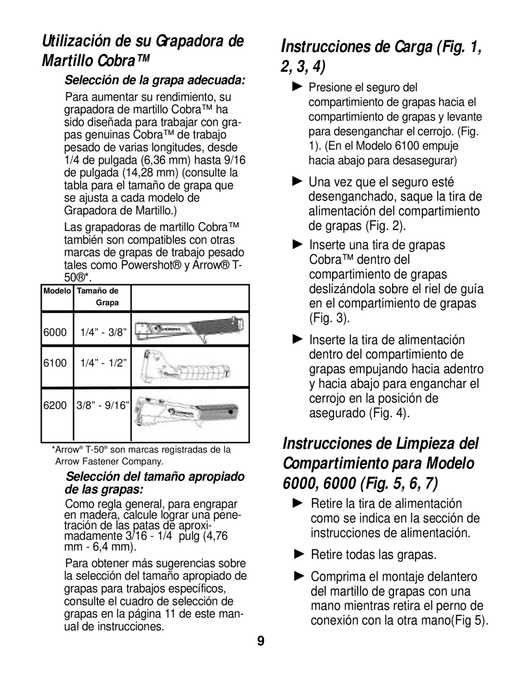 Cobra Electronics 6000 6100 6200 instruction manual Instrucciones de Carga , 2, 3, Selección de la grapa adecuada 