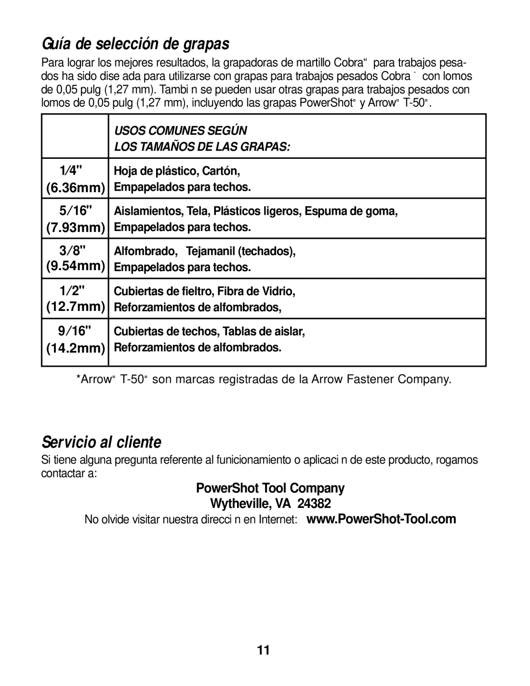 Cobra Electronics 6000 6100 6200 instruction manual Guía de selección de grapas, Servicio al cliente, 36mm, ⁄16, 93mm 