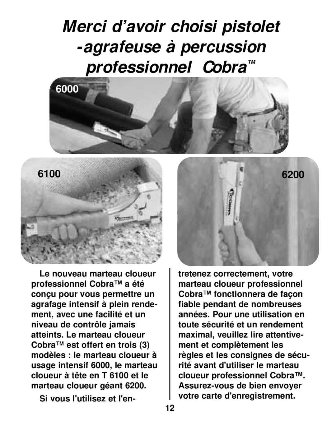 Cobra Electronics 6000 6100 6200 instruction manual Merci d’avoir choisi pistolet 