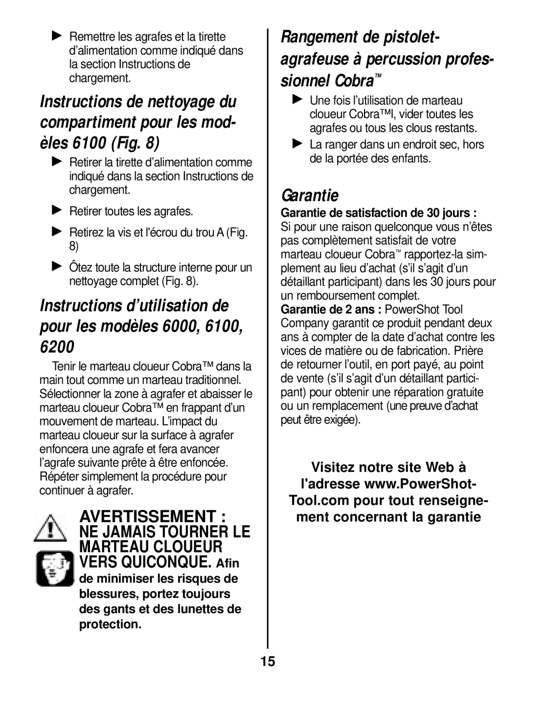 Cobra Electronics 6000 6100 6200 instruction manual Garantie, Instructions d’utilisation de pour les modèles 6000, 6100 