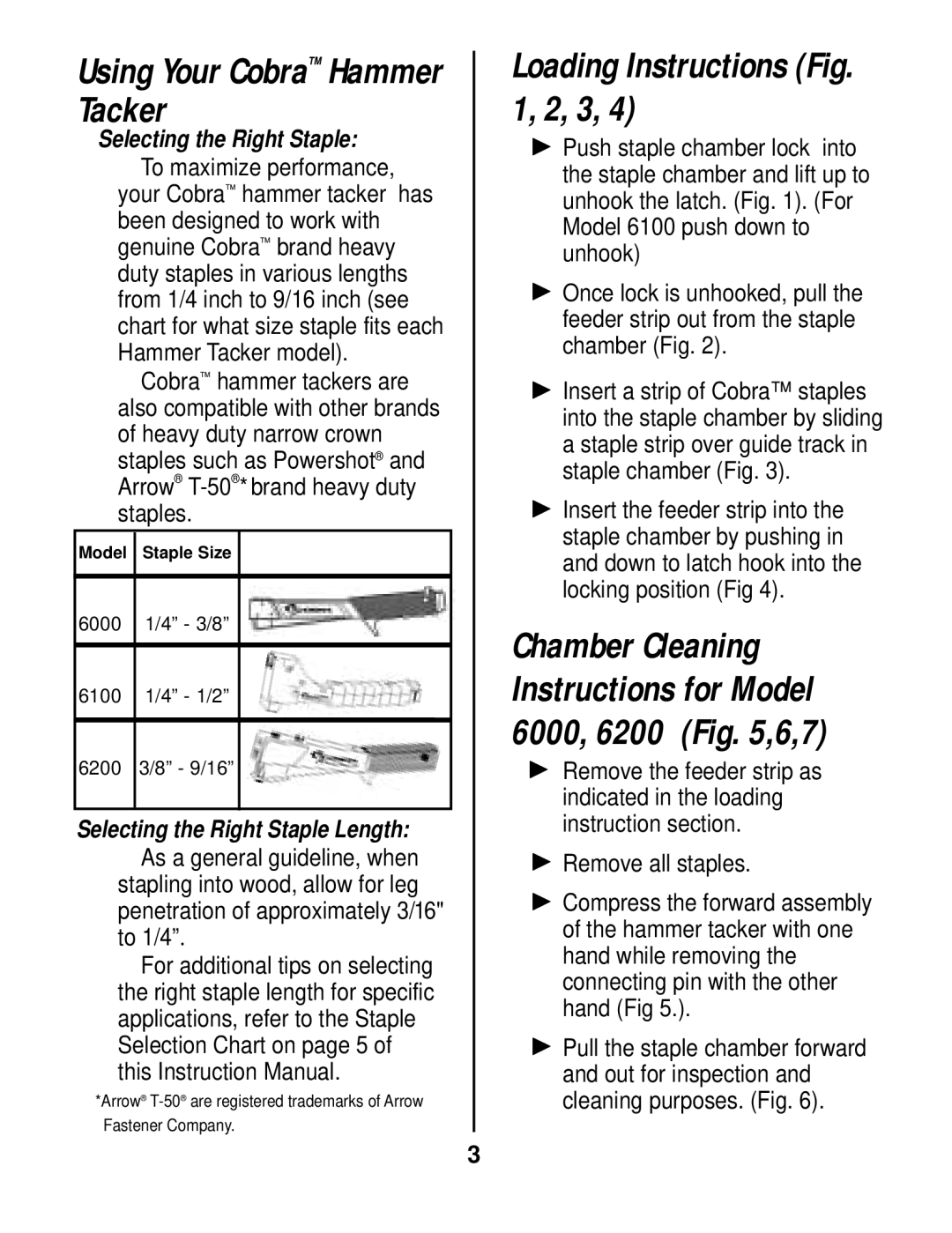 Cobra Electronics 6000 6100 6200 instruction manual Loading Instructions , 2, 3, Selecting the Right Staple 