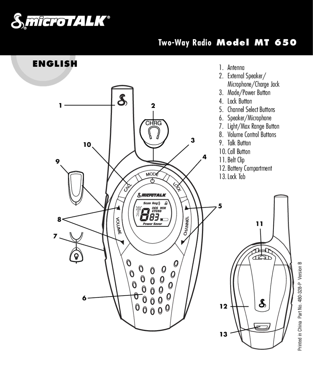 Cobra Electronics 650 manual Two- Way Radio Model MT, ENG Lish 