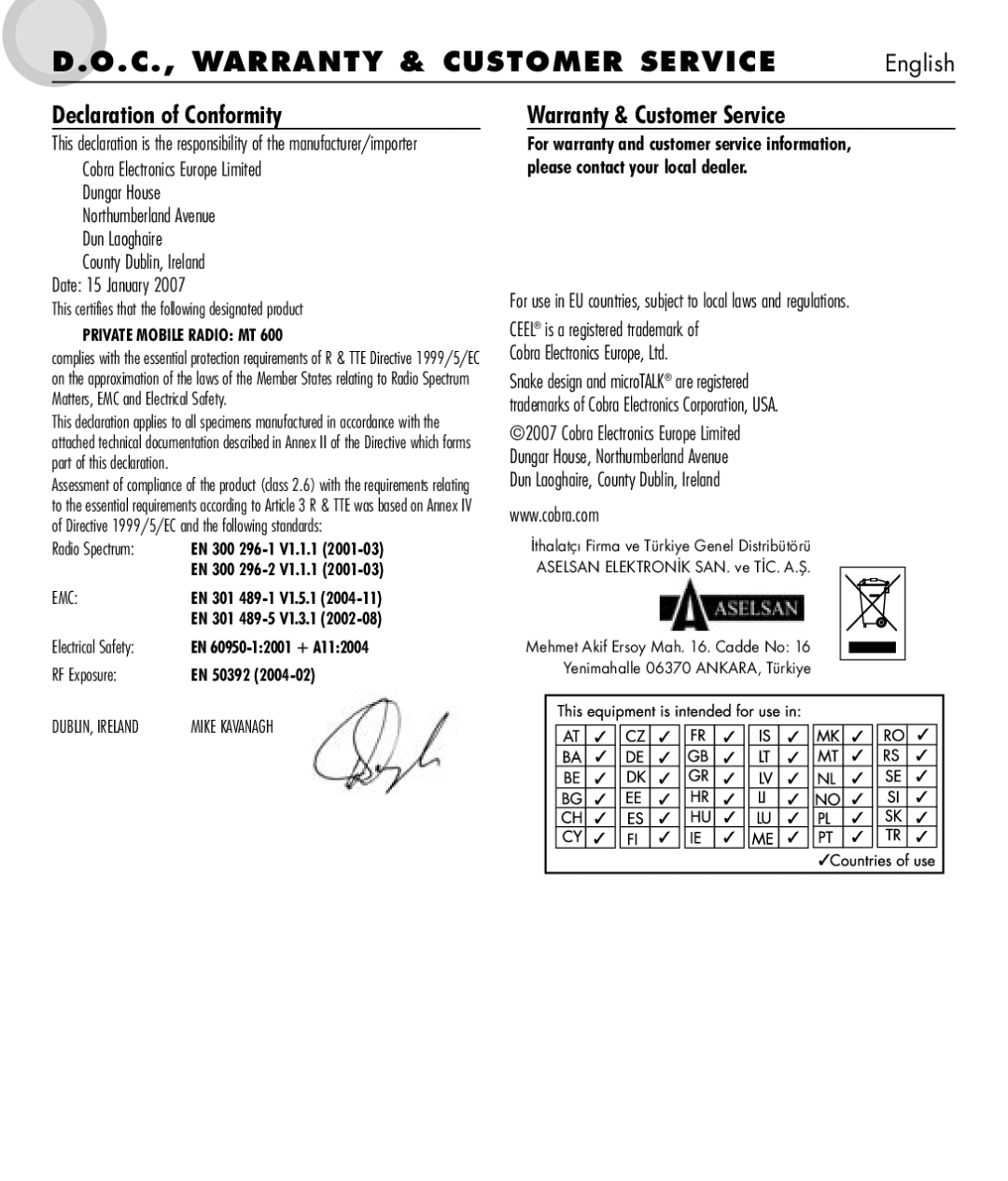 Cobra Electronics 650 manual C., Warra NTY & Customer SER VIC E, Declaration of Conformity, Warranty & Customer Service 