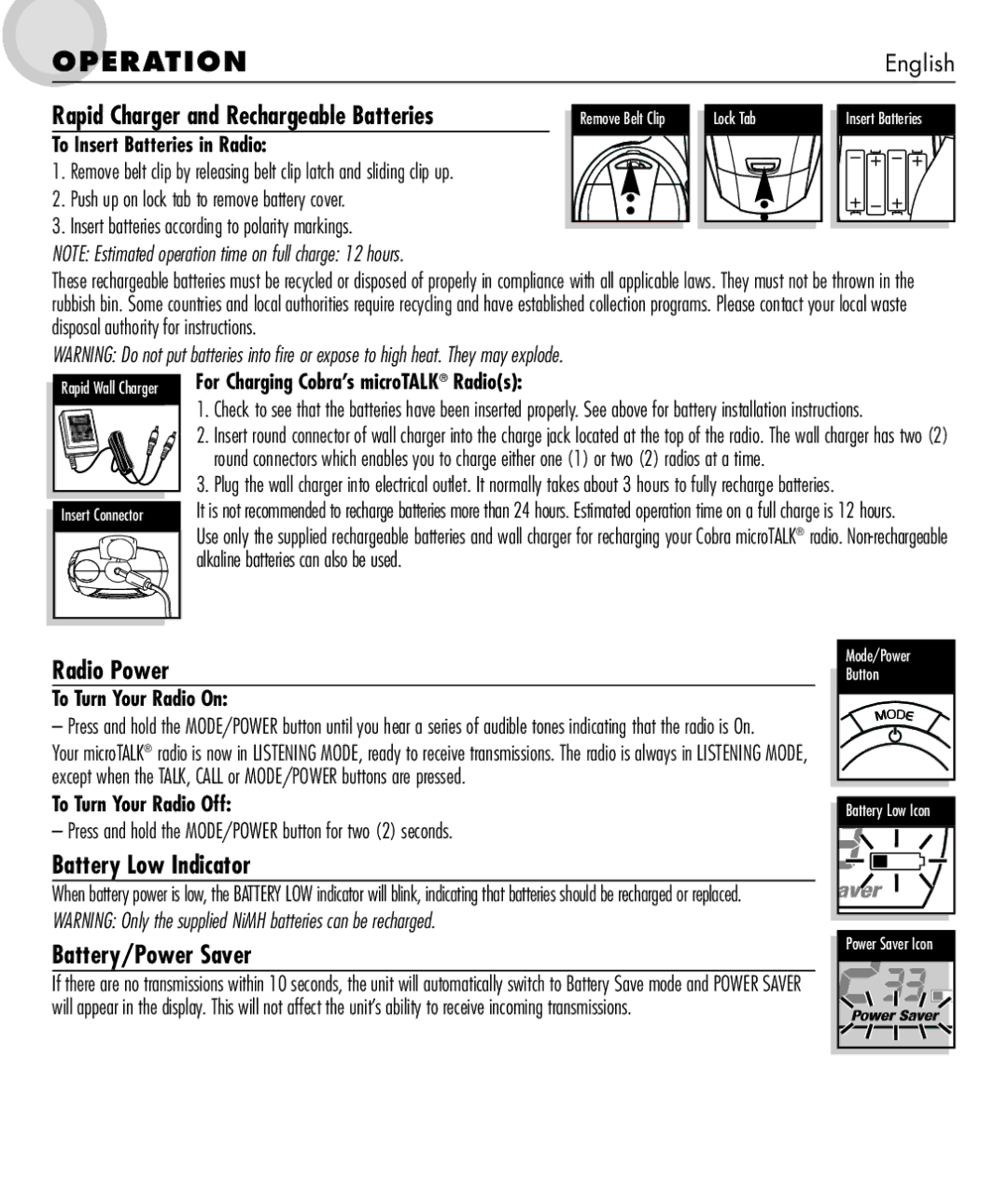 Cobra Electronics 650 manual Oper Atio N, Rapid Charger and Rechargeable Batteries, Radio Power, Battery Low Indicator 