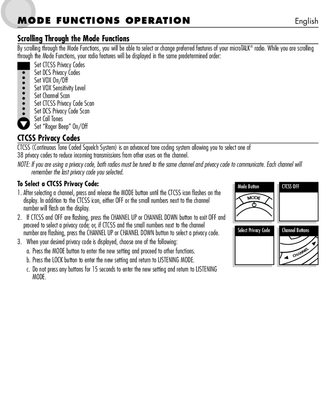 Cobra Electronics 650 manual MOD E FUN Ctions Operation, Scrolling Through the Mode Functions, Set Ctcss Privacy Code Scan 