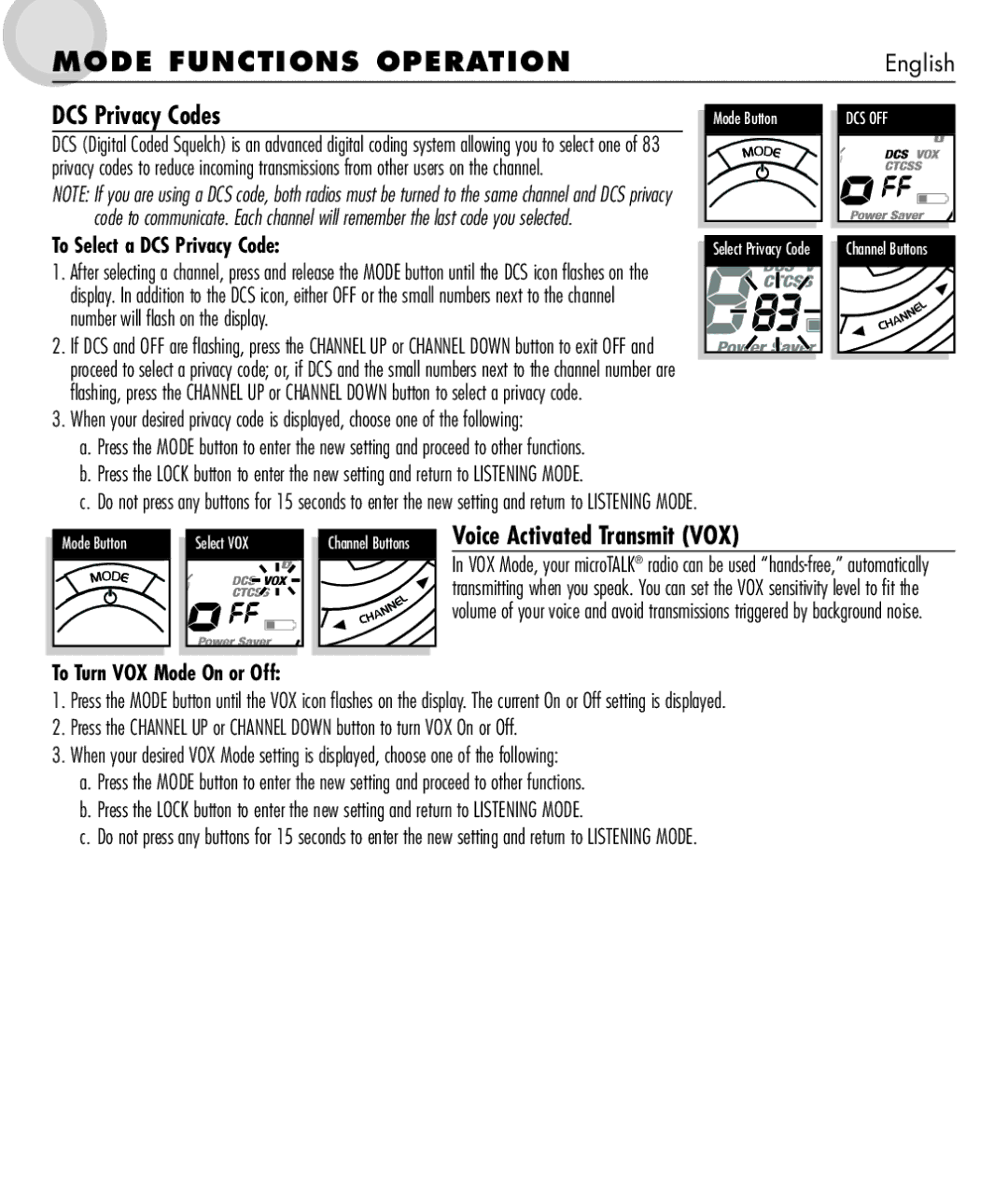 Cobra Electronics 650 manual Voice Activated Transmit VOX, To Select a DCS Privacy Code, To Turn VOX Mode On or Off 