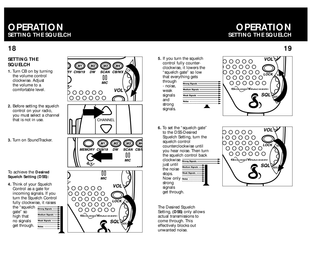 Cobra Electronics 75 WX ST operating instructions Setting the Squelch, Setting Squelch, Soundtrackertm, Squelch Setting DSS 