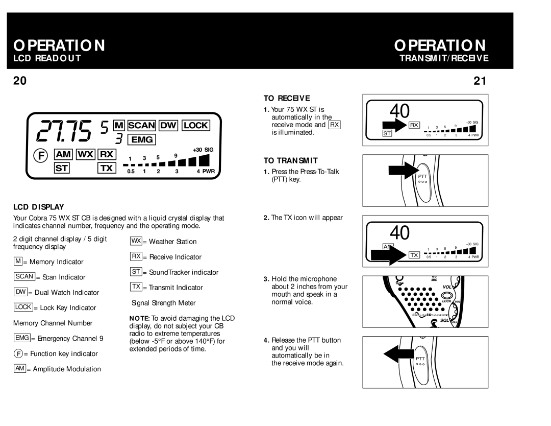 Cobra Electronics 75 WX ST operating instructions LCD Readout, Transmit/Receive, To Receive, LCD Display, To Transmit 