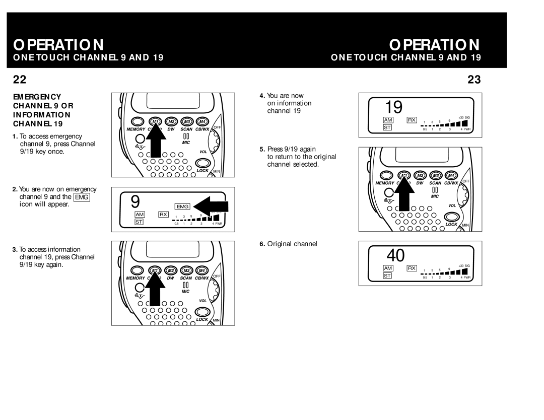 Cobra Electronics 75 WX ST operating instructions ONE Touch Channel 9, Emergency Channel 9 or Information Channel 