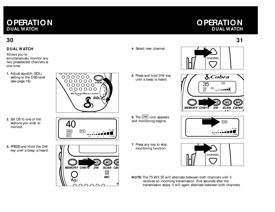 Cobra Electronics 75 WX ST operating instructions OPERATION00, Dual Watch 