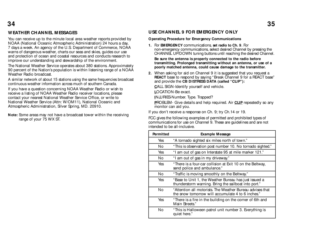 Cobra Electronics 75 WX ST Weather Channel Messages, USE Channel 9 for Emergency only, Permitted Example Message 