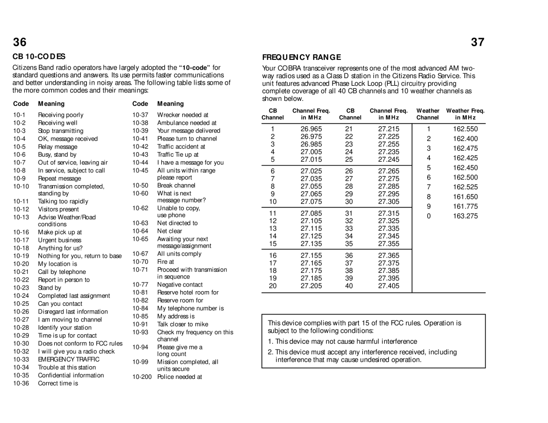 Cobra Electronics 75 WX ST operating instructions CB 10-CODES, Frequency Range, Code Meaning 