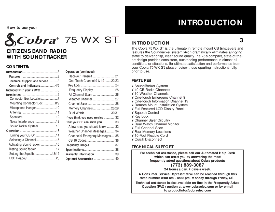 Cobra Electronics 75 WX ST operating instructions Introduction, Contents, Features, Technical Support 