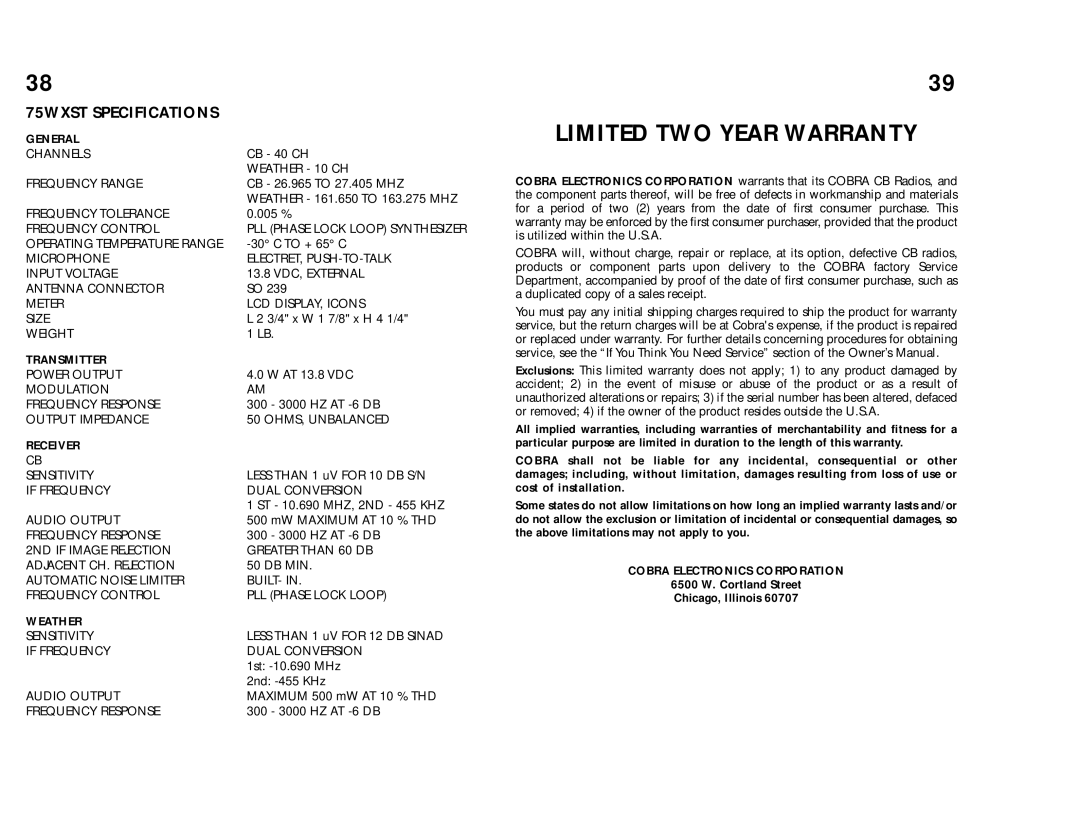 Cobra Electronics 75 WX ST operating instructions 75WXST Specifications, General 