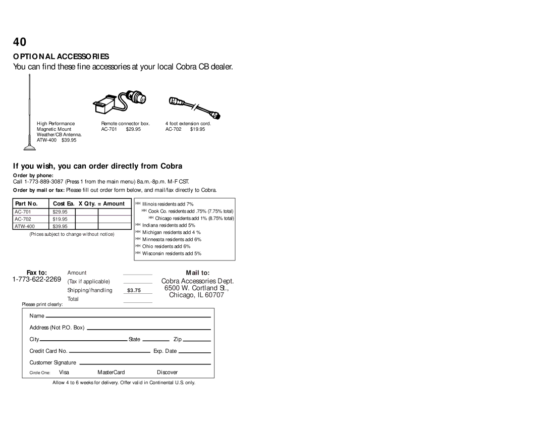 Cobra Electronics 75 WX ST operating instructions Optional Accessories, Fax to 