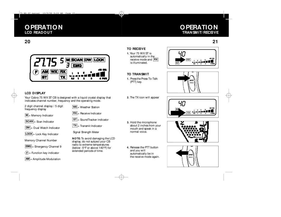 Cobra Electronics 75WX operating instructions LCD Readout, Transmit/Receive, LCD Display, To Receive, To Transmit 