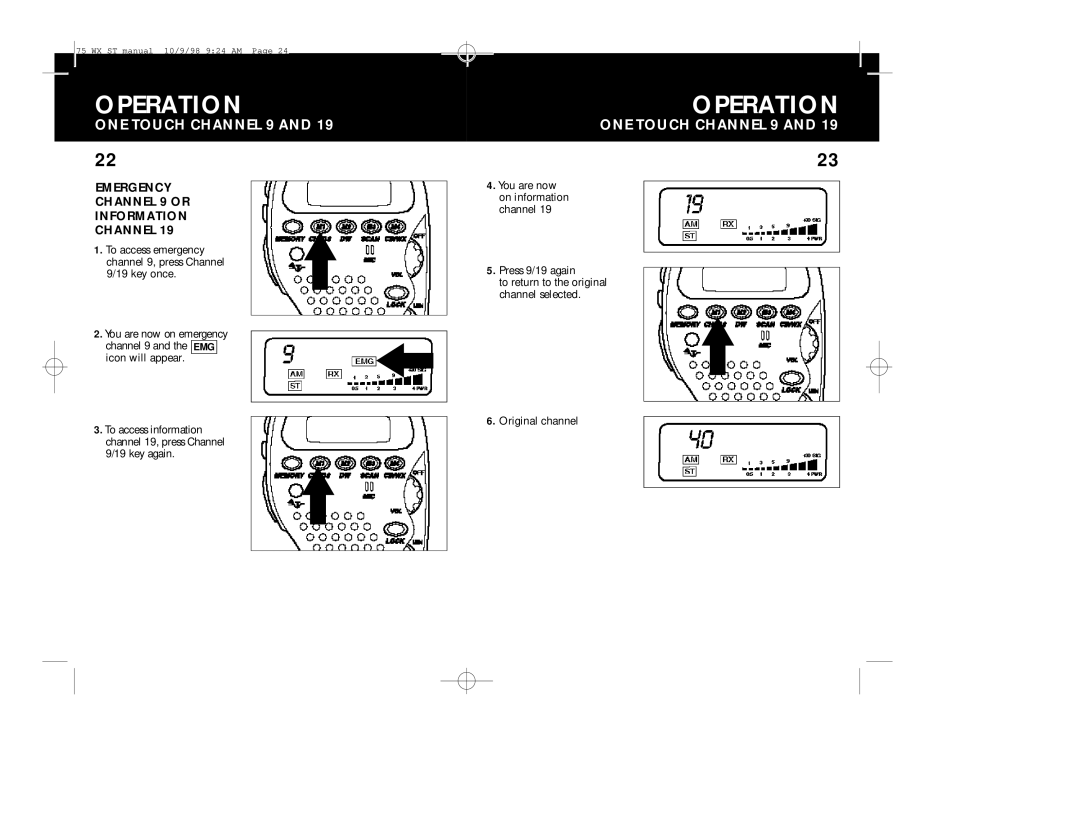 Cobra Electronics 75WX operating instructions ONE Touch Channel 9, Emergency Channel 9 or Information 