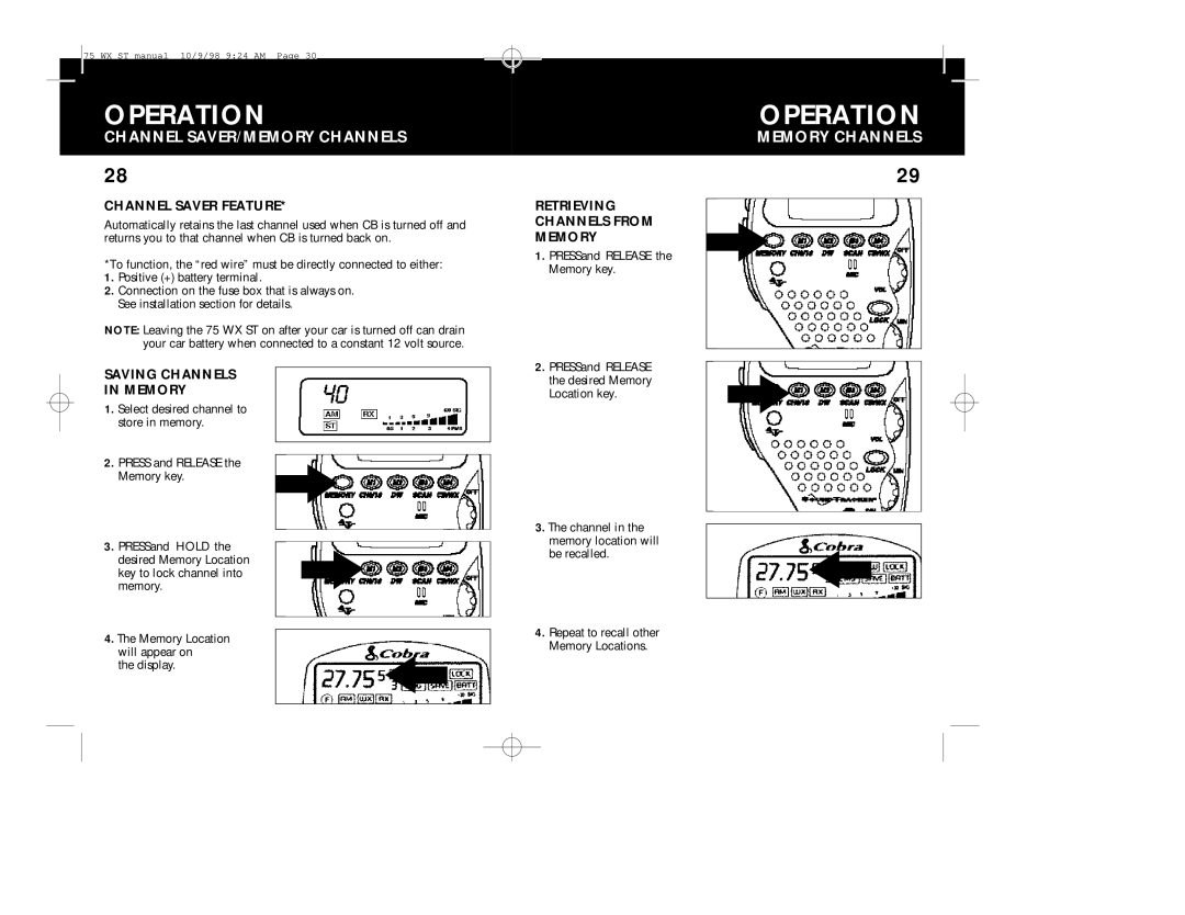 Cobra Electronics 75WX Channel SAVER/MEMORY Channels, Memory Channels, Channel Saver Feature, Saving Channels Memory 