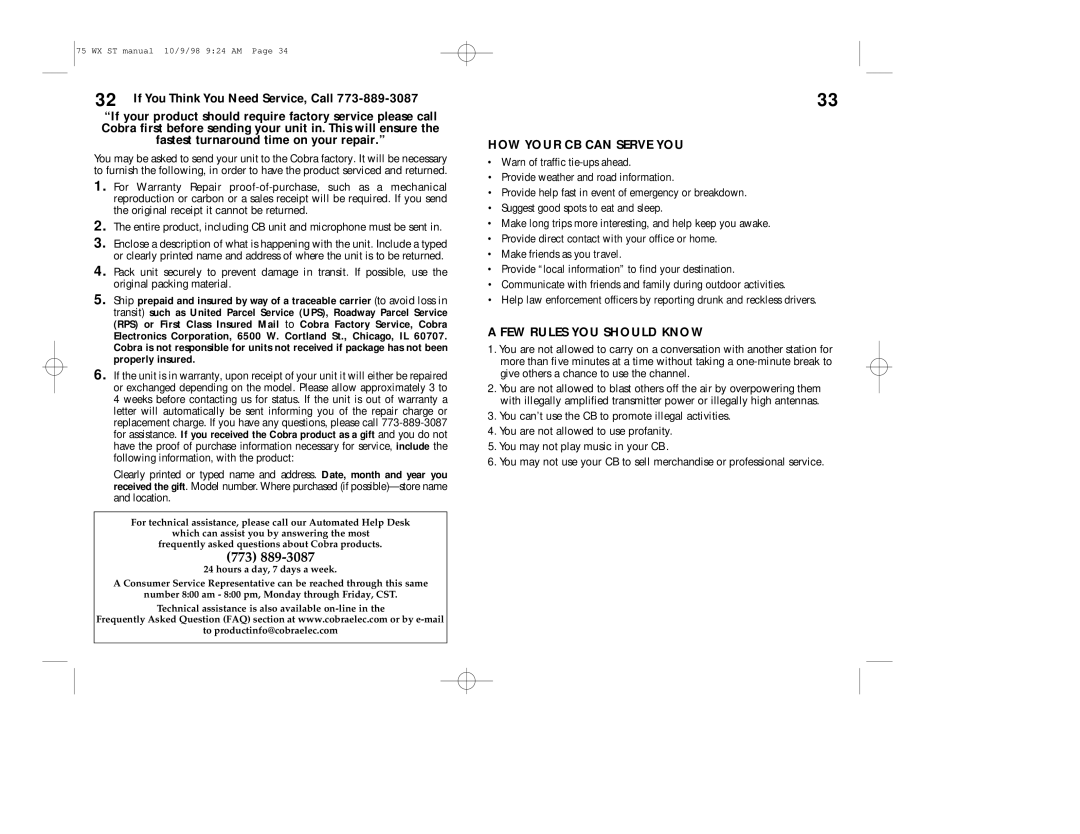 Cobra Electronics 75WX operating instructions HOW Your CB can Serve YOU, FEW Rules YOU should Know 