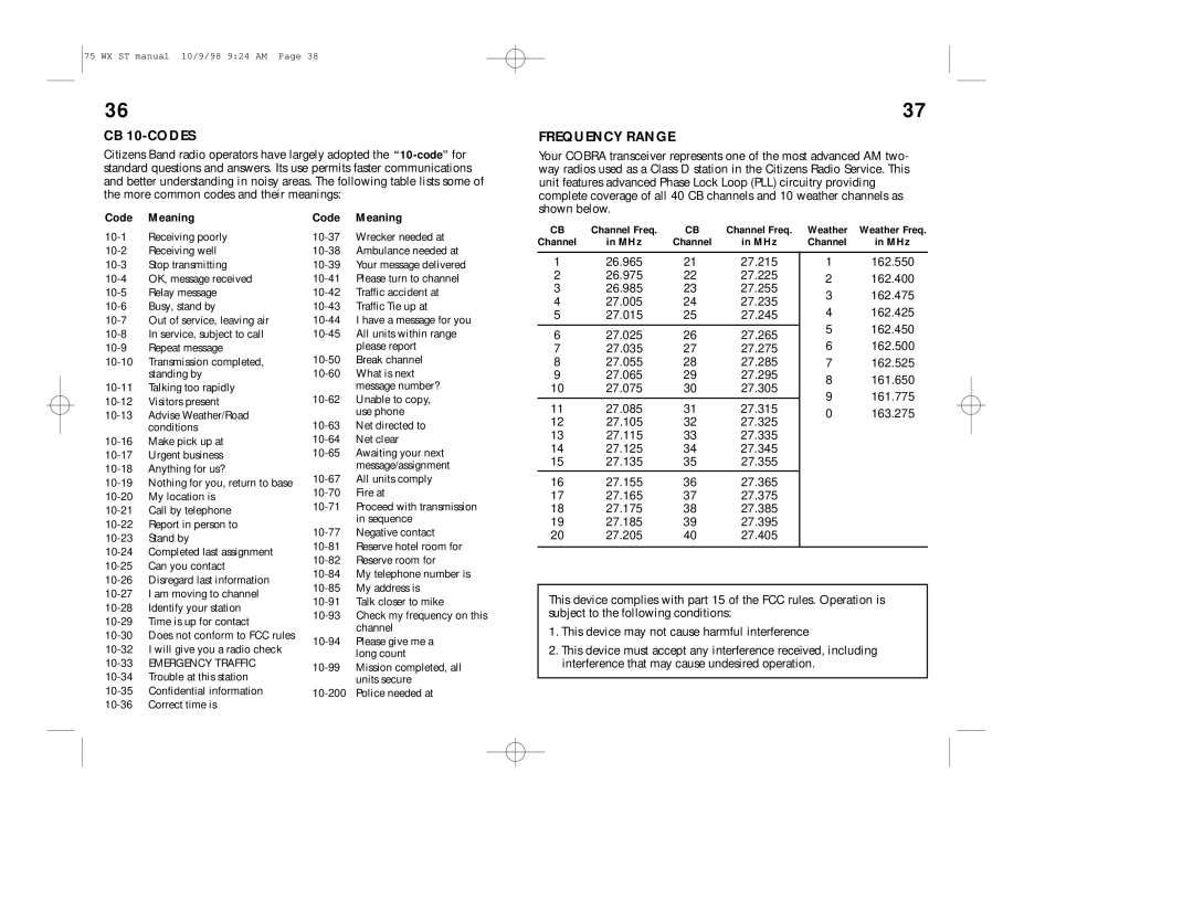 Cobra Electronics 75WX operating instructions CB 10-CODES, Frequency Range, Code Meaning 