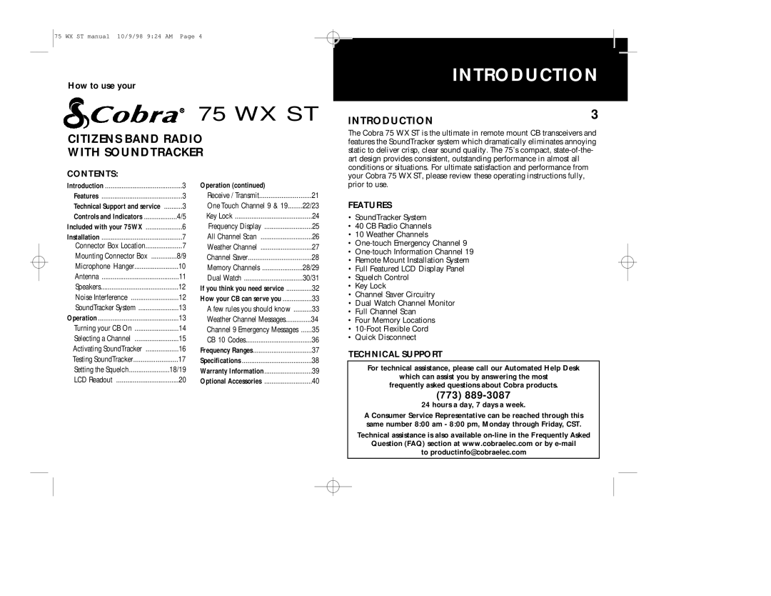 Cobra Electronics 75WX operating instructions Introduction, Contents, Features, Technical Support 