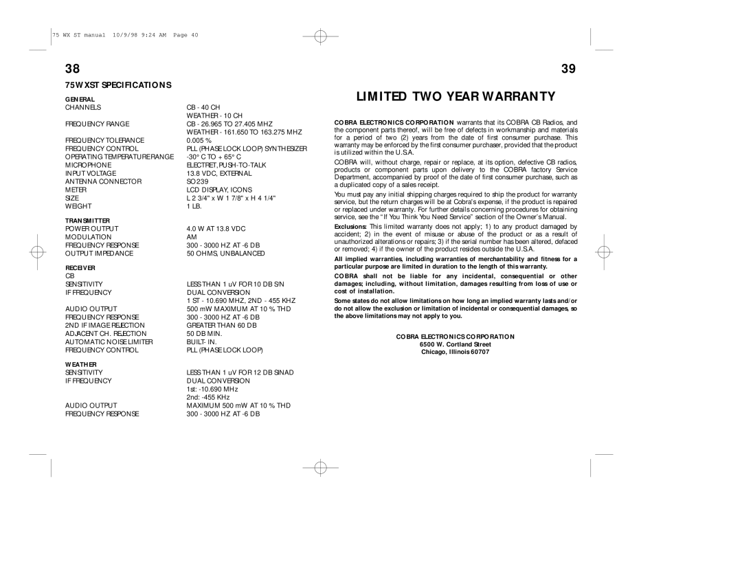 Cobra Electronics operating instructions 75WXST Specifications, General 