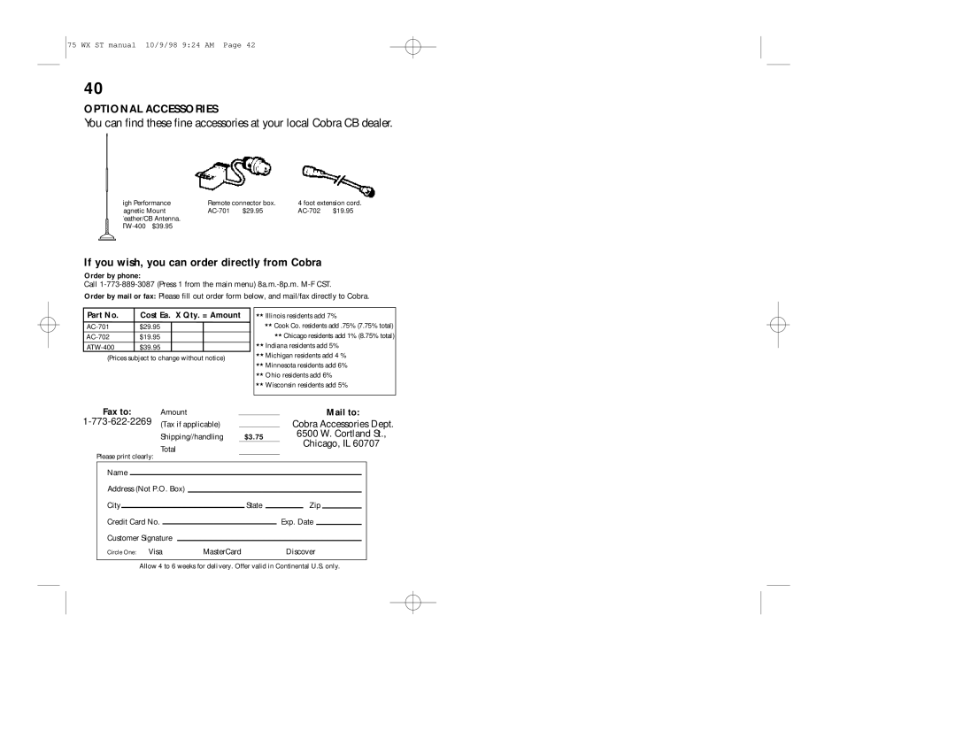 Cobra Electronics 75WX operating instructions Optional Accessories, If you wish, you can order directly from Cobra 