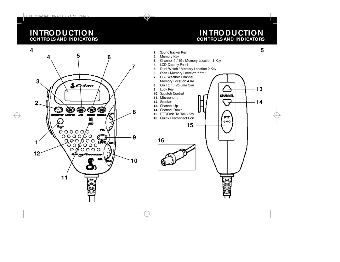 Cobra Electronics 75WX operating instructions Introductionintroduction, Controls and Indicators 