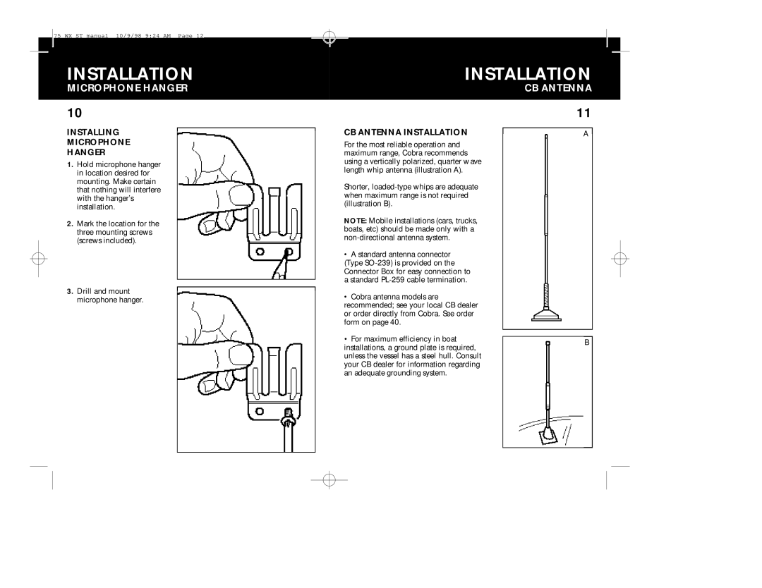 Cobra Electronics 75WX operating instructions Installing Microphone Hanger, CB Antenna Installation 