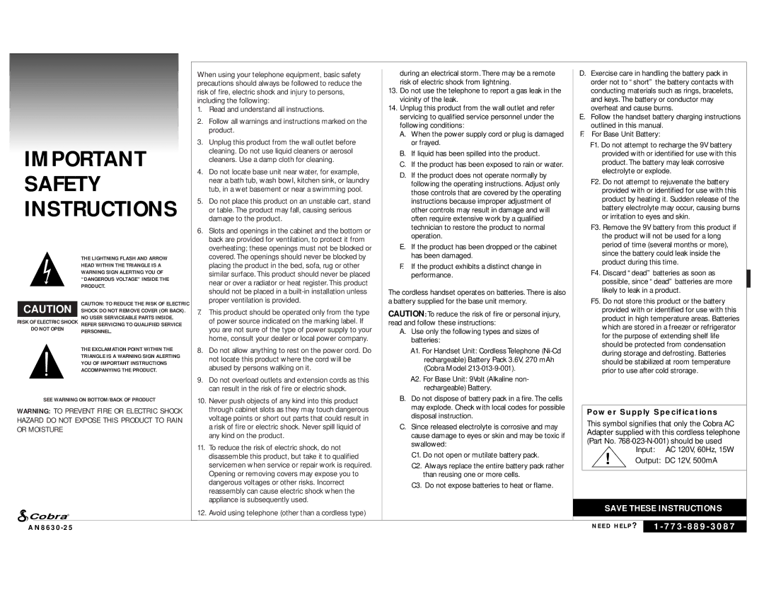 Cobra Electronics AN - 8630 - 25 manual Power Supply Specifications, Input AC 120V, 60Hz, 15W Output DC 12V, 500mA 