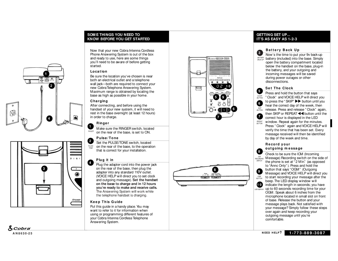 Cobra Electronics AN - 8630 - 25 manual Battery Back Up, Location, Set The Clock, Charging, Ringer, Pulse/Tone, Record your 