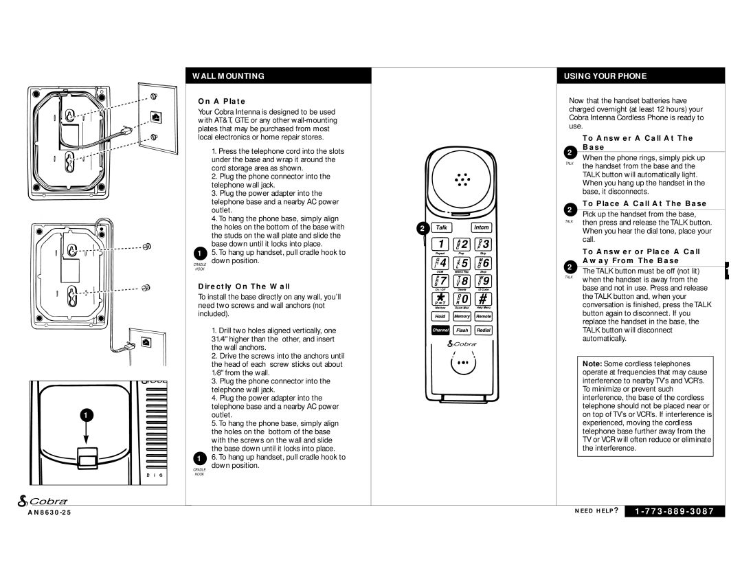 Cobra Electronics AN - 8630 - 25 manual Wall Mounting, Using Your Phone 