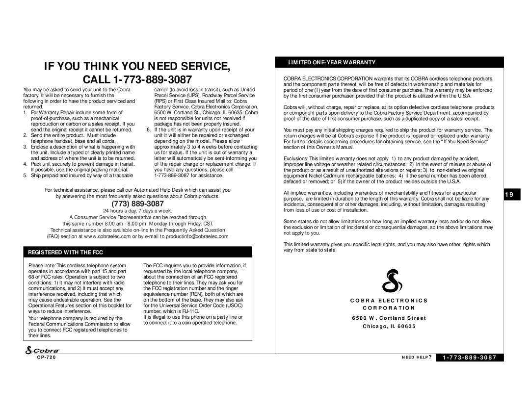 Cobra Electronics C P - 7 2 0 Limited ONE-YEAR Warranty, Registered with the FCC, 6500 W. Cortland Street Chicago, Il 