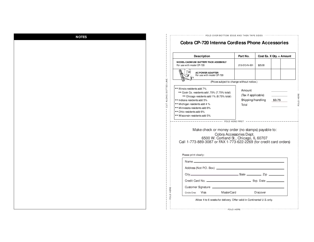 Cobra Electronics C P - 7 2 0 owner manual Cost Ea. X Qty. = Amount 