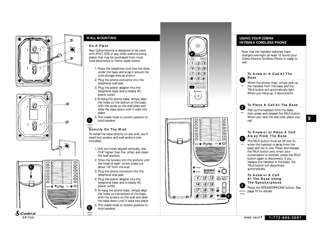 Cobra Electronics C P - 7 2 0 owner manual Wall Mounting Using Your Cobra, Intenna Cordless Phone 