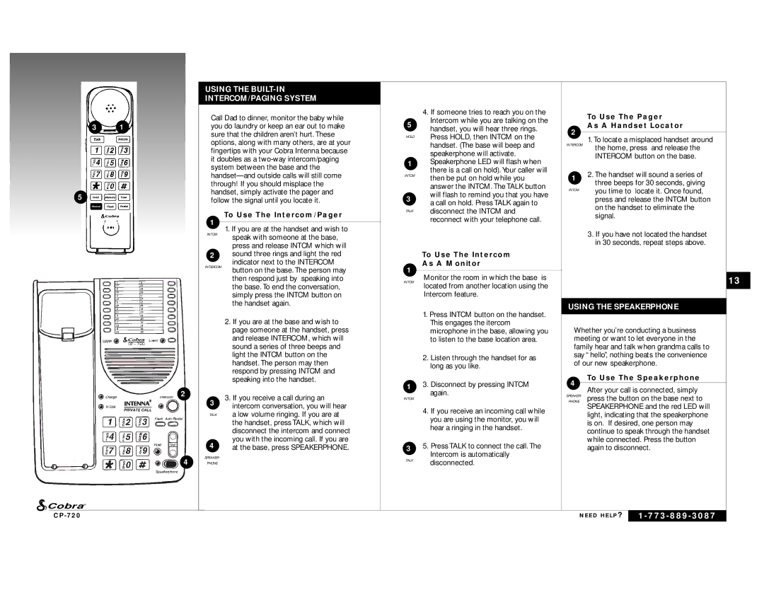 Cobra Electronics C P - 7 2 0 owner manual Using the Speakerphone, To Use The Intercom/Pager, As a Monitor 