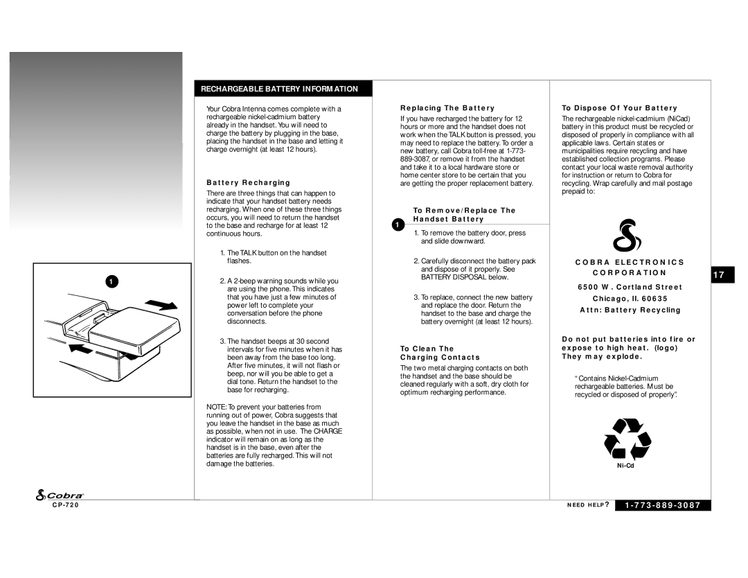 Cobra Electronics C P - 7 2 0 owner manual Rechargeable Battery Information 