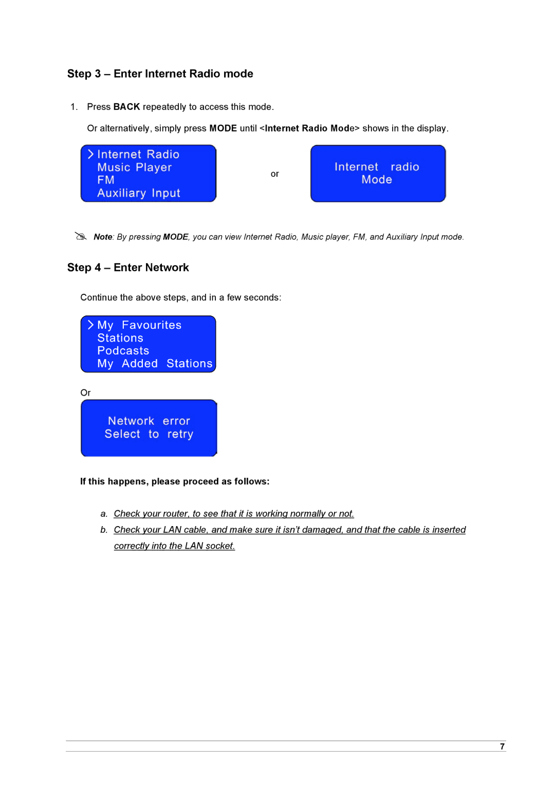 Cobra Electronics CIR 1000 E manual Enter Internet Radio mode, Enter Network, If this happens, please proceed as follows 