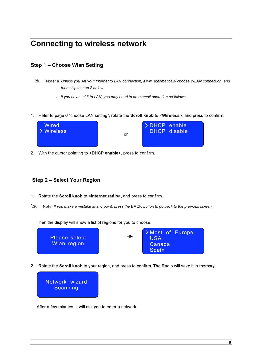 Cobra Electronics CIR 1000 A, CIR 1000 E manual Connecting to wireless network, Choose Wlan Setting, Select Your Region 