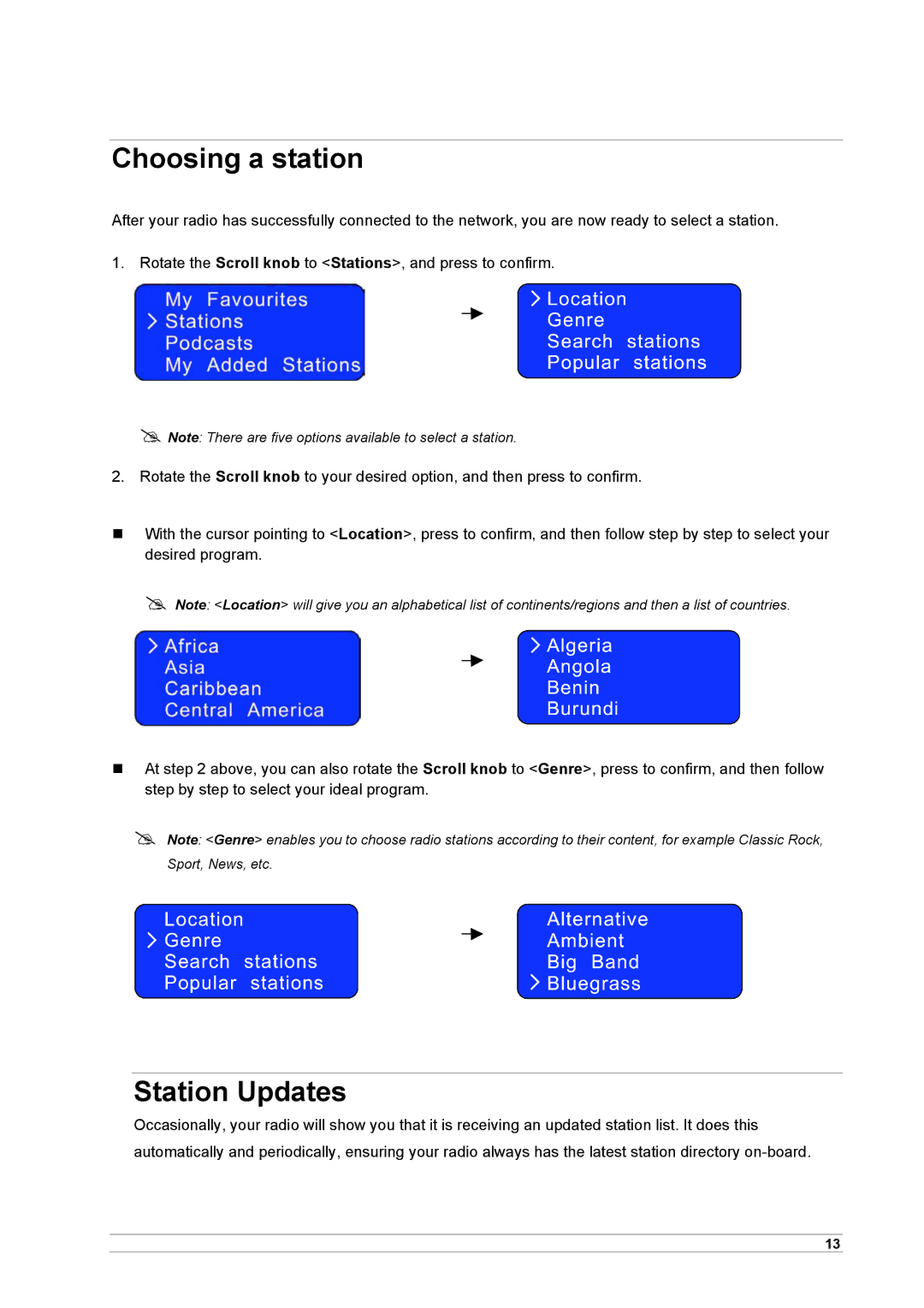 Cobra Electronics CIR 1000 E, CIR 1000 A manual Choosing a station, Station Updates 